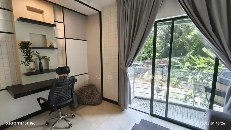 Study features: built-in desk with shelving, black office chair, grey curtains, floor-to-ceiling windows, view of greenery, light-colored tiled flooring, decorative plants on shelves, neutral wall color with grid pattern; style: modern; view: garden.