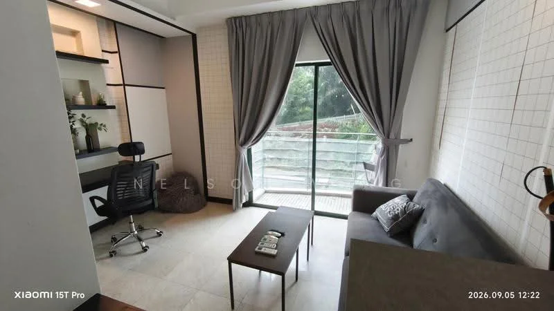 Living features: grey fabric sofa, coffee table, black office chair, built-in shelving unit, floor-to-ceiling windows, sliding glass door, curtains, decorative cushions, tile flooring, wall-mounted artwork, potted plant, bean bag chair; style: modern; view: garden.