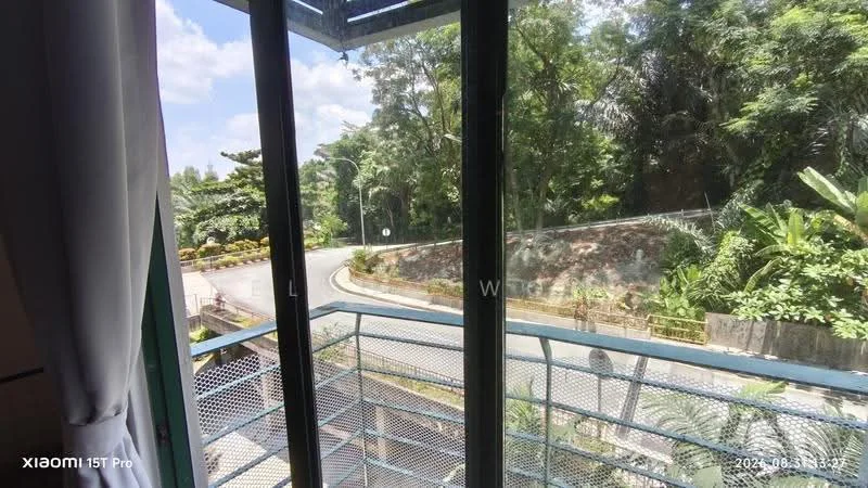 Room features: floor-to-ceiling windows, metal railing, view of greenery, view of road, outdoor balcony, sunlight streaming in, screened enclosure, concrete wall; view: garden.