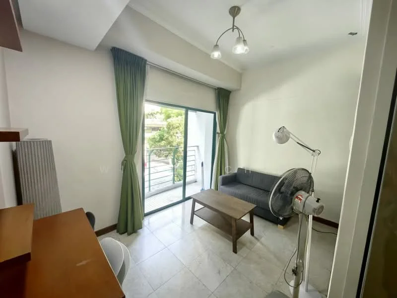 Living features: grey fabric sofa, wood coffee table, floor-to-ceiling sliding glass door, green curtains, ceiling light fixture with three bulbs, wall-mounted shelf, tile flooring, standing fan; style: modern; view: garden.