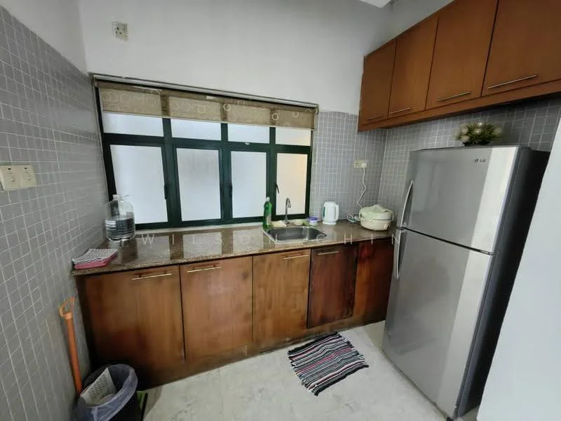 Kitchen features: granite countertop, stainless-steel fridge, wood cabinetry, grey tiled backsplash, single-bowl stainless-steel sink, chrome pull-down faucet, window with green frame, floor tiles, kitchen towel, trash bin, kettle, bowl, dish soap; style: modern.