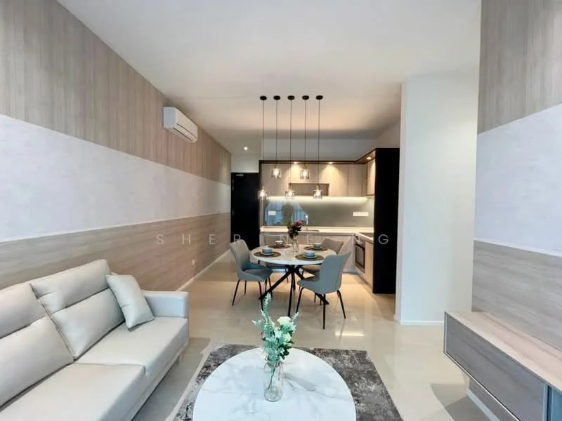Living features: light beige leather sofa, round coffee table with white top, light wood paneling on walls, white painted walls, recessed downlights, 5-blade ceiling fan, dining table for four, upholstered dining chairs in grey, kitchen area with modern cabinetry, stainless-steel appliances, open-plan layout; style: modern.