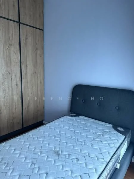 Bedroom features: grey upholstered headboard, single bed, wooden wardrobe with sliding doors, light purple painted walls, wooden flooring, mattress on bed frame.