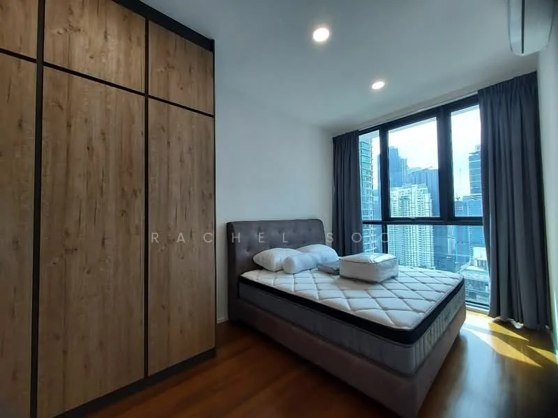 Bedroom features: king-size bed, upholstered headboard, two white pillows, wooden wardrobe with sliding doors, floor-to-ceiling windows, city skyline view, wooden flooring, recessed downlights, grey curtains; style: modern; view: city.