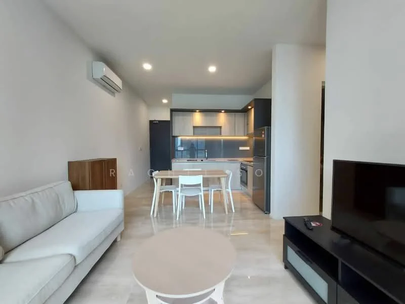Living features: 3-seater fabric sofa in white, coffee table, TV console, wall-mounted TV, dining table for 4, white dining chairs, recessed downlights, wall-mounted split AC, marble tile flooring, light grey painted walls, open-plan layout to kitchen; style: modern. Kitchen features: stainless-steel fridge, built-in oven, freestanding range oven, white cabinetry, grey countertop, single-bowl stainless-steel sink, chrome pull-down faucet, tile backsplash, recessed downlights; style: modern.