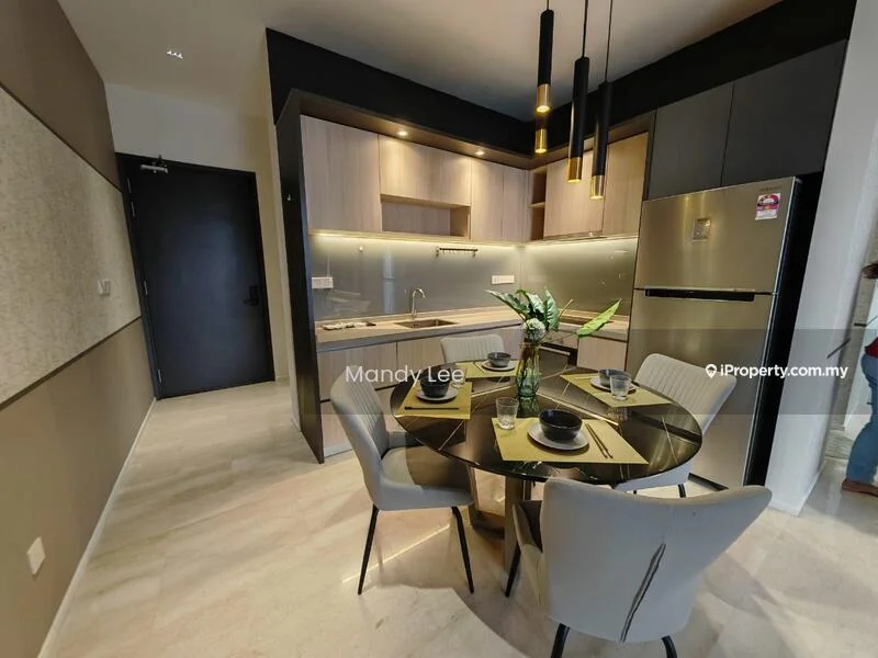Kitchen features: grey cabinetry, white quartz countertop, stainless-steel sink, chrome pull-down faucet, built-in refrigerator, built-in oven, 4-burner gas hob, pendant lighting, tile backsplash, dining table with 4 upholstered chairs, decorative plant on table, open shelving, recessed lighting; style: modern.