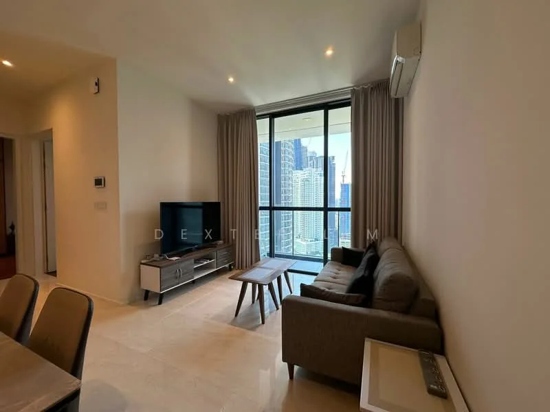 Living features: grey fabric sofa, coffee table, wall-mounted TV, floor-to-ceiling windows, curtains, marble tile flooring, wall-mounted air conditioning unit, light-colored walls; style: modern; view: city.