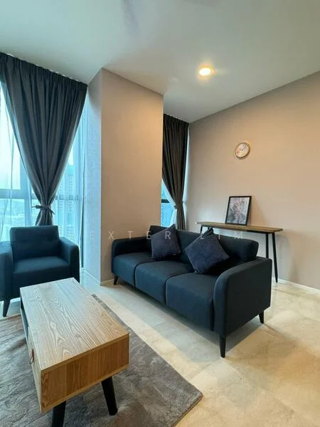 Living features: black fabric sofa, 2 decorative cushions, wooden coffee table, area rug, floor-to-ceiling windows, curtains in dark grey, wall-mounted clock, light fixture on ceiling, light beige walls, neutral carpet flooring; style: modern; view: city.