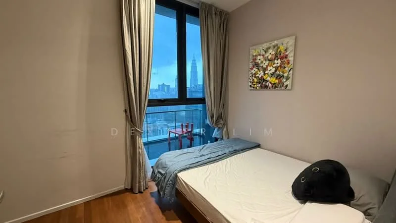 Bedroom features: floor-to-ceiling windows, city view, grey painted walls, wooden flooring, curtains, queen-size bed, decorative artwork, plush toy; style: modern; view: city.