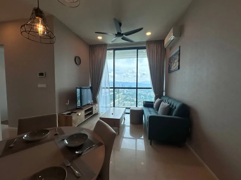 Living features: 3-seater fabric sofa in teal, coffee table, TV console, wall-mounted TV, floor-to-ceiling windows, curtains, ceiling fan with light, marble flooring, decorative wall art, light fixture with industrial design; style: modern; view: city.