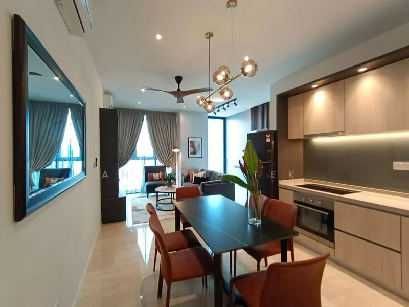 Dining features: dining table with 4 chairs, pendant lighting fixture, 5-blade ceiling fan with light, floor-to-ceiling windows, grey curtains, mirror on wall, marble flooring, open layout to living area, kitchen cabinetry with wood finish, built-in oven, stainless-steel range hood, stainless-steel fridge; style: modern; view: city. Living features: sofa, coffee table, decorative plants, artwork on wall; style: modern; view: city.