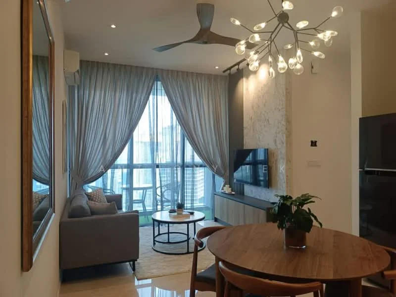 Living features: 5-blade ceiling fan with light, chandelier with multiple bulbs, floor-to-ceiling windows, sheer curtains, grey fabric sofa, round coffee table, TV console, wall-mounted TV, decorative wall with wallpaper, marble flooring, potted plant, area rug; style: modern; view: city.