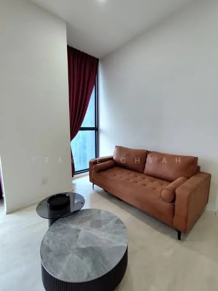 Living features: brown leather sofa, round marble coffee table, floor-to-ceiling windows, red curtains, white painted walls, light-colored flooring, minimalist decor; style: modern; view: city.
