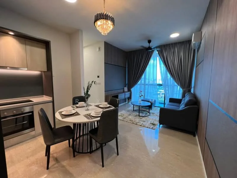 Living features: grey fabric sofa, round coffee table, area rug with geometric pattern, floor-to-ceiling windows, curtains, 5-blade ceiling fan with light, wall-mounted air conditioning unit, decorative wall paneling, wall-mounted TV, decorative plant in ceramic pot; style: modern; view: city. Dining features: round dining table, 4 upholstered dining chairs, white cabinetry, built-in oven, stainless-steel cooktop, kitchen countertop, recessed downlights; style: modern.