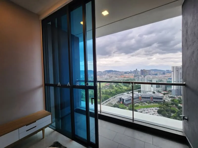 Room features: floor-to-ceiling windows, sliding glass door, grey tiled flooring, wooden console table, city skyline view, balcony access, blue tinted glass, recessed ceiling lights; style: modern; view: city.
