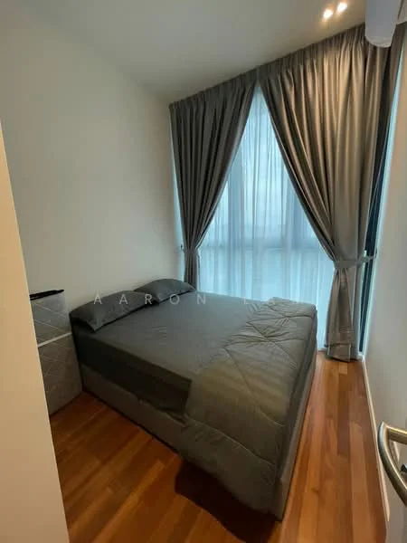 Bedroom features: queen-size bed with grey bedding, floor-to-ceiling windows, sheer curtains, dark wood flooring, wall-mounted air conditioning unit, nightstand, decorative wall paneling, recessed lighting; style: modern; view: city.