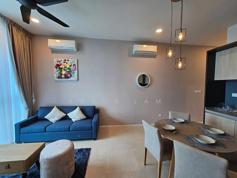 Living features: 3-seater fabric sofa in blue, 2 white decorative cushions, wooden coffee table, round mirror on wall, 2 wall-mounted split AC units, recessed ceiling lights, pendant lighting above dining area, cream painted walls, tile flooring, floor-to-ceiling windows with sheer curtains, area rug with dark blue color; style: modern.