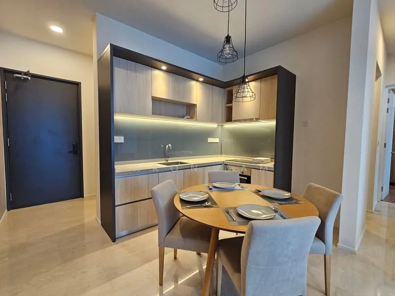 Kitchen features: light wood cabinetry, white countertop, stainless-steel sink, chrome pull-down faucet, built-in oven, stainless-steel range hood, 4-burner gas hob, recessed LED downlights, pendant lights, dining table with 4 chairs, cream upholstered chairs, floor-to-ceiling windows, marble tile flooring; style: modern.