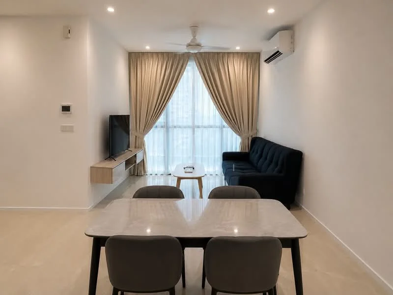Living features: 3-seater fabric sofa in navy blue, wall-mounted TV, wooden TV console, coffee table, floor-to-ceiling windows with sheer curtains, light-colored walls, recessed downlights, ceiling fan, air conditioning unit, light-colored flooring; style: modern; view: city. Dining features: 6-seater dining table with marble top, upholstered dining chairs, decorative wall panel, light-colored walls, recessed downlights; style: modern.