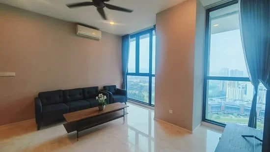 Living features: 3-seater fabric sofa in black, wooden coffee table, floor-to-ceiling windows, city view, cream marble flooring, wall-mounted split AC, grey painted walls, curtains, ceiling fan; style: modern; view: city.