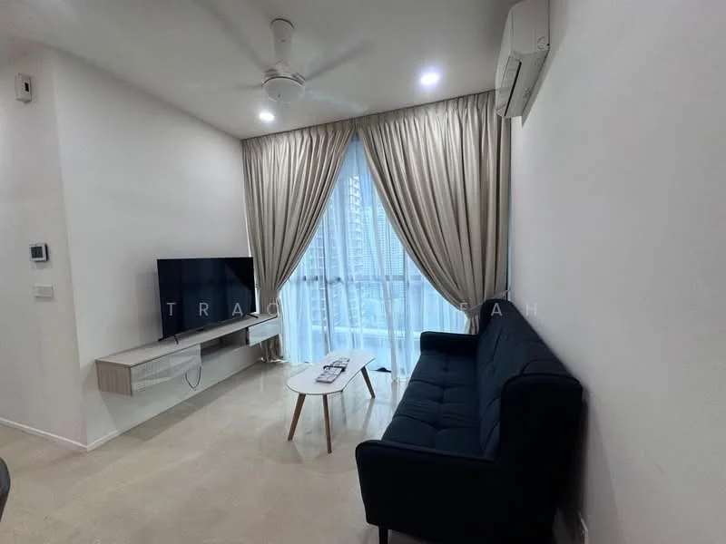 Living features: 3-seater fabric sofa in navy blue, wall-mounted TV, TV console with storage, floor-to-ceiling windows, sheer curtains, recessed downlights, ceiling fan, air conditioning unit, light-colored walls, light-colored flooring; style: modern; view: city.