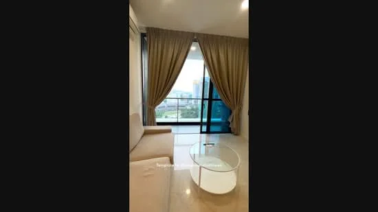 Living features: cream painted walls, marble flooring, floor-to-ceiling windows, sheer curtains, balcony access, sofa, coffee table, city view; style: modern; view: city.