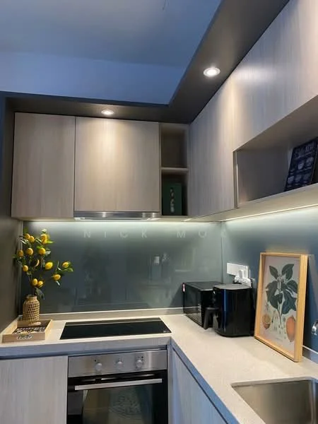 Kitchen features: light wood cabinetry, grey countertop, stainless-steel sink, chrome faucet, built-in oven, induction cooktop, glass backsplash, recessed downlights, black countertop appliance, decorative plant with yellow fruits, framed artwork, open shelving; style: modern.