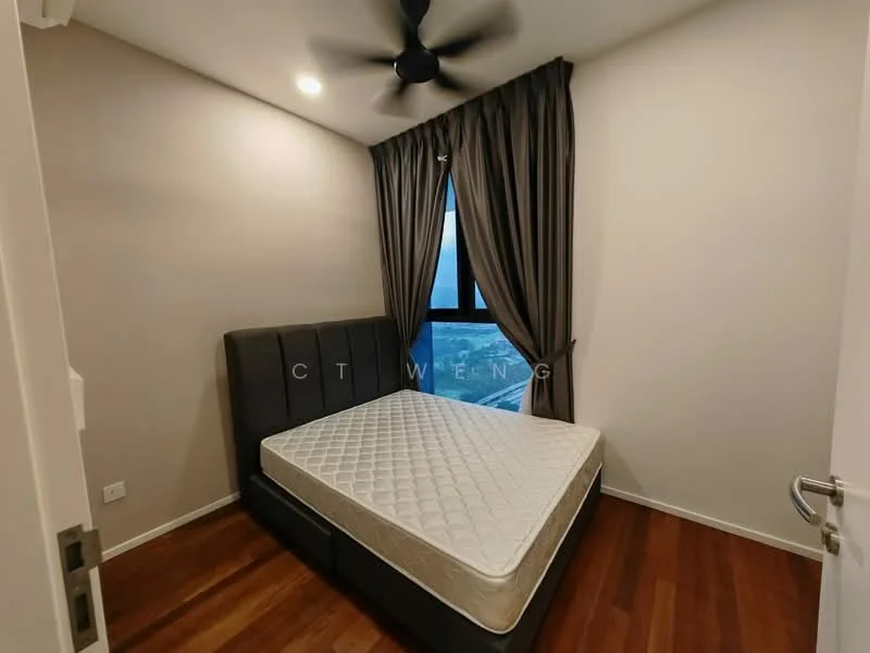 Bedroom features: queen-size bed, upholstered headboard, wood flooring, floor-to-ceiling window, dark curtains, ceiling fan, neutral wall color, nightstand, decorative wall, view of city skyline; style: modern; view: city.