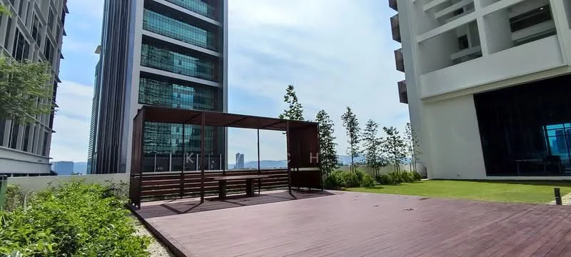 Exterior type: high-rise condominium; features: wooden deck, landscaped greenery, surrounding high-rise buildings, open sky, seating area with pergola, manicured lawn; style: modern.