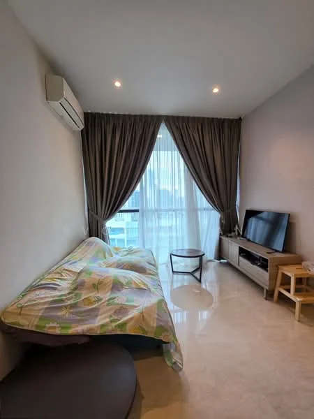 Living features: sofa with floral-patterned throw, coffee table, wall-mounted TV, TV console, floor-to-ceiling windows, sheer curtains, dark grey curtains, marble flooring, 1 wall-mounted split AC, recessed downlights; style: modern; view: city.