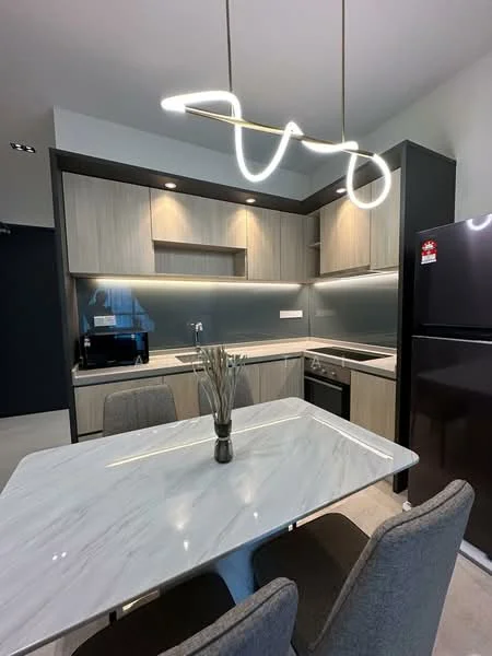 Kitchen features: marble countertop, wood cabinetry, stainless-steel sink, chrome pull-down faucet, built-in oven, freestanding range oven, refrigerator, pendant light fixture, glass backsplash, open shelving, 4-seater dining table, upholstered dining chairs; style: modern.
