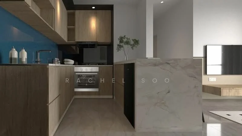 Kitchen features: wood cabinetry, blue backsplash, marble countertop, stainless-steel sink, chrome pull-down faucet, built-in oven, 4-burner gas hob, refrigerator, pendant lighting, open shelving, tile flooring, wall-mounted cabinets, island with seating, decorative plant; style: modern.