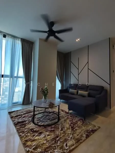 Living features: 3-seater fabric sofa in dark blue, coffee table with round top, area rug with abstract pattern, floor-to-ceiling windows, curtains in light brown, wall with geometric design, ceiling fan with 5 blades, marble flooring, decorative vase on coffee table, wall-mounted lighting; style: modern; view: city.