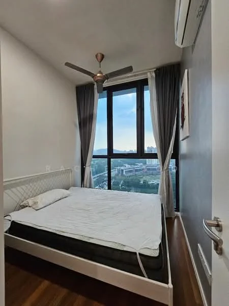 Bedroom features: queen-size bed, wooden bed frame, 5-blade ceiling fan, floor-to-ceiling windows, grey curtains, wooden flooring, decorative wall art, city view; style: modern; view: city.