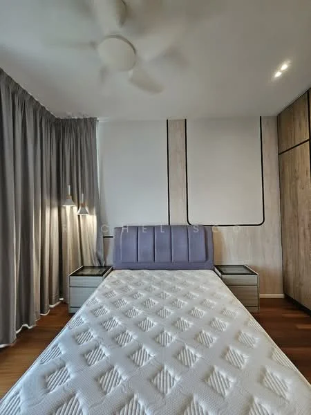 Bedroom features: queen-size bed, upholstered headboard in purple, two bedside tables with drawers, grey curtains, wooden flooring, ceiling fan, wall-mounted light fixture, built-in wardrobe with wood finish, decorative wall panels; style: modern.