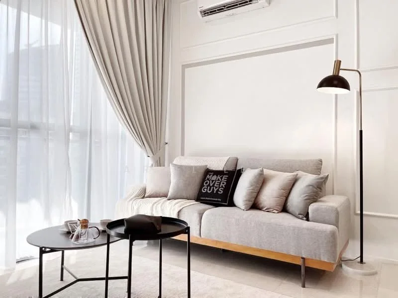 Living features: 3-seater fabric sofa in light grey, decorative cushions in various shades, black coffee table, floor lamp with black shade, white painted walls, floor-to-ceiling windows with sheer curtains, air conditioning unit mounted on wall, light-colored area rug; style: modern; view: city.