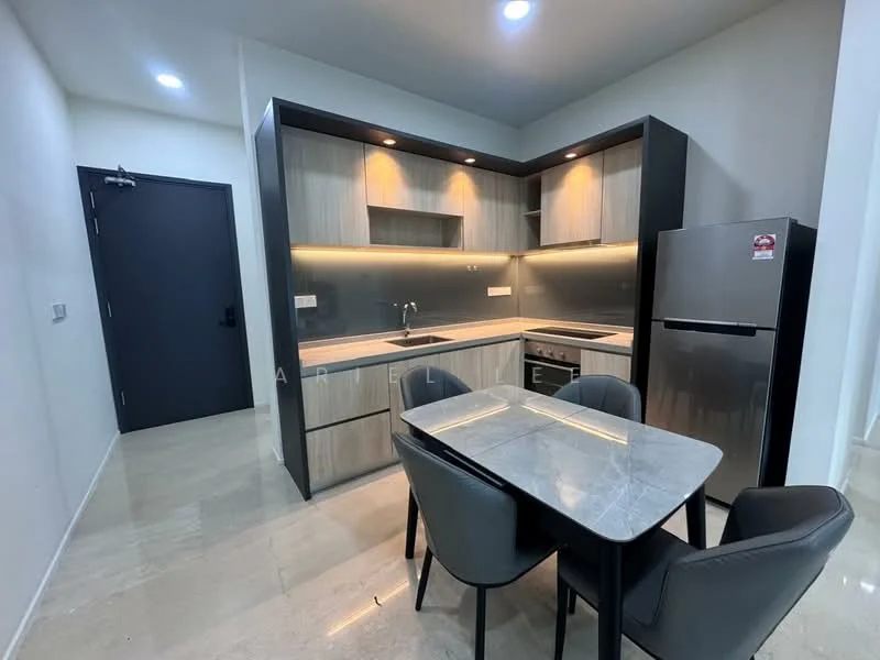 Kitchen features: grey cabinetry, marble countertop, stainless-steel sink, chrome pull-down faucet, built-in oven, stainless-steel fridge, 4-burner gas hob, recessed LED downlights, tile flooring, open layout, dining table with 4 chairs; style: modern.