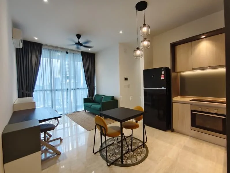 Living features: 3-seater fabric sofa in green, black fridge, built-in oven, stainless-steel range hood, 4-burner gas hob, black dining table with 4 yellow chairs, wooden study desk, marble tile flooring, ceiling fan with light, floor-to-ceiling windows with sheer curtains, recessed downlights, decorative rug; style: modern; view: city.