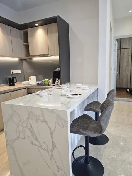 Kitchen features: marble countertop, grey cabinetry, built-in oven, stainless-steel kettle, coffee machine, bar stools, recessed lighting, open shelving, ceramic tile flooring; style: modern.
