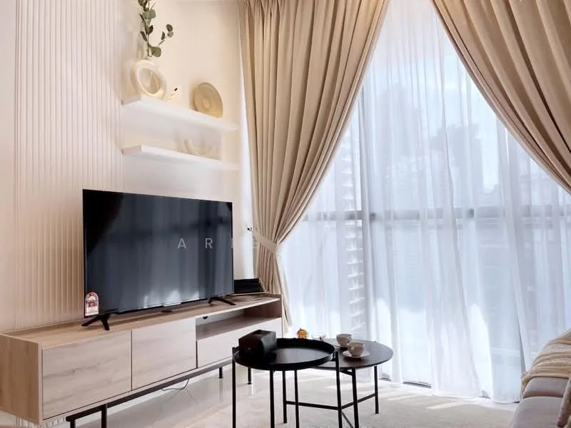 Living features: floor-to-ceiling windows, sheer curtains, wooden TV console, wall-mounted TV, decorative wall shelves, small round coffee table, upholstered sofa, decorative plants, light-colored wall, neutral-toned flooring, soft area rug; style: modern; view: city.