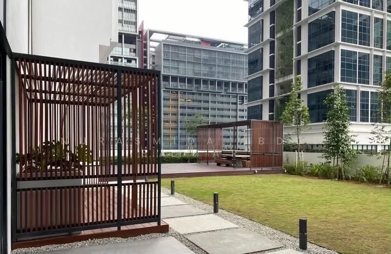 Exterior type: landscape garden; features: manicured lawn, wooden pergola structure, wooden seating area, stone-paved walkway, surrounded by modern buildings, greenery and landscaping; style: modern.
