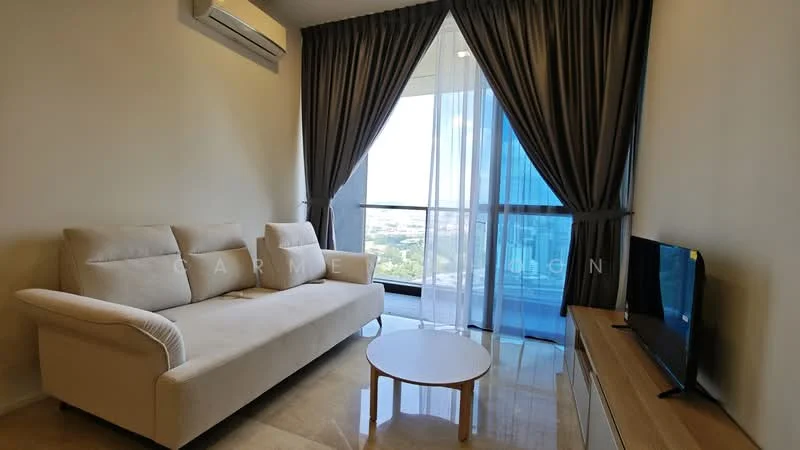 Living features: 3-seater fabric sofa in beige, coffee table, wall-mounted TV, floor-to-ceiling windows, sheer curtains, marble flooring, air conditioning unit, decorative wall, city view; style: modern; view: city.