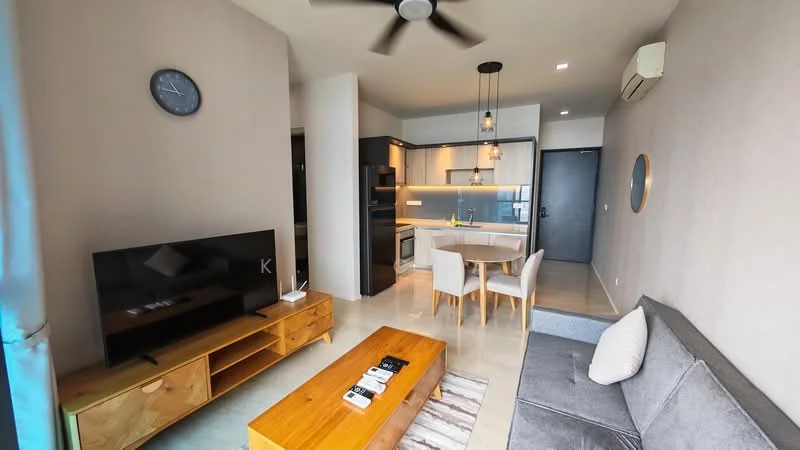 Living features: grey fabric sofa, wooden coffee table, TV console with storage, wall-mounted TV, ceiling fan, light-colored walls, tile flooring, decorative wall clock, dining table with four chairs, open kitchen layout, kitchen cabinetry, refrigerator, built-in oven, countertop, window with sheer curtains; style: modern.