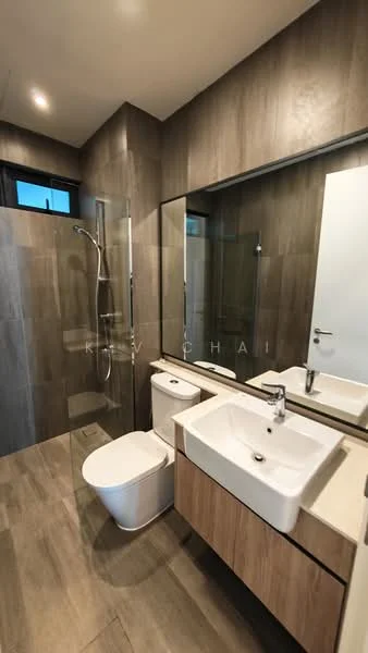 Bathroom features: walk-in shower with glass enclosure, rain shower head, single-sink vanity with wood cabinet, white square sink, chrome basin mixer, one-piece toilet, large mirror, grey tiled walls, wood-look tile flooring, window for natural light; style: modern.