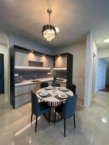 Kitchen features: grey cabinetry with wood accents, marble countertop, stainless-steel sink, chrome pull-down faucet, built-in oven, freestanding range oven, recessed LED downlights, chandelier light fixture, open shelving, dining table with four upholstered chairs, ceramic tile flooring, neutral painted walls; style: modern.
