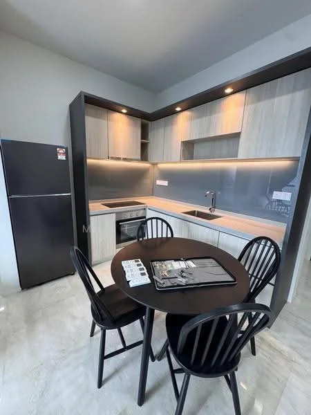 Kitchen features: grey wood cabinetry, black countertop, stainless-steel sink, chrome pull-down faucet, built-in stove, refrigerator, pendant lighting, marble tile flooring, open shelving, black round dining table, four black dining chairs, wall-mounted cabinets, LED strip lighting under cabinets; style: modern.