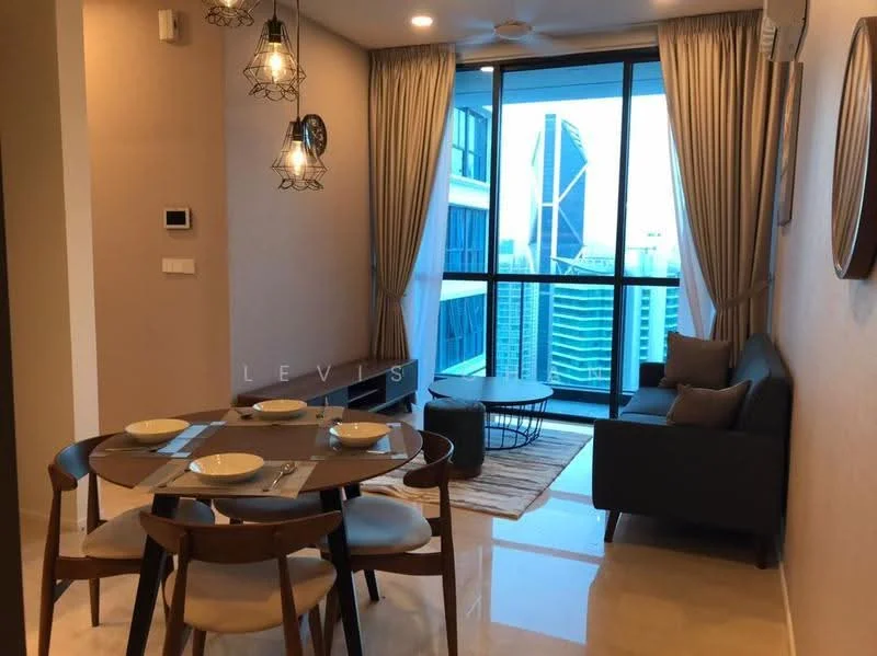 Living features: floor-to-ceiling windows, grey fabric sofa, round coffee table, 4-seater dining table, white plates on dining table, pendant lighting, area rug, curtains, marble flooring, ceiling fan; style: modern; view: city.