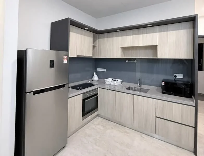 Kitchen features: stainless-steel fridge, built-in oven, ceramic cooktop, single-bowl stainless-steel sink, chrome pull-down faucet, grey glass backsplash, light wood cabinetry, countertop with integrated storage, microwave, white walls, light-colored flooring; style: modern.