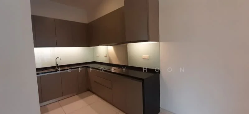 Kitchen features: brown flat-panel cabinets, black granite countertop, single-bowl stainless-steel sink, chrome pull-down faucet, white backsplash, built-in oven, stainless-steel range hood, recessed LED downlights, tile flooring, under-cabinet lighting; style: modern.