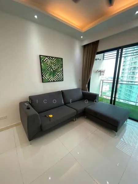 Living features: grey fabric L-shape sectional sofa, white painted walls, recessed downlights, large sliding glass door, floor-to-ceiling windows, glossy white tile flooring, decorative wall art, curtains, balcony view; style: modern; view: city.